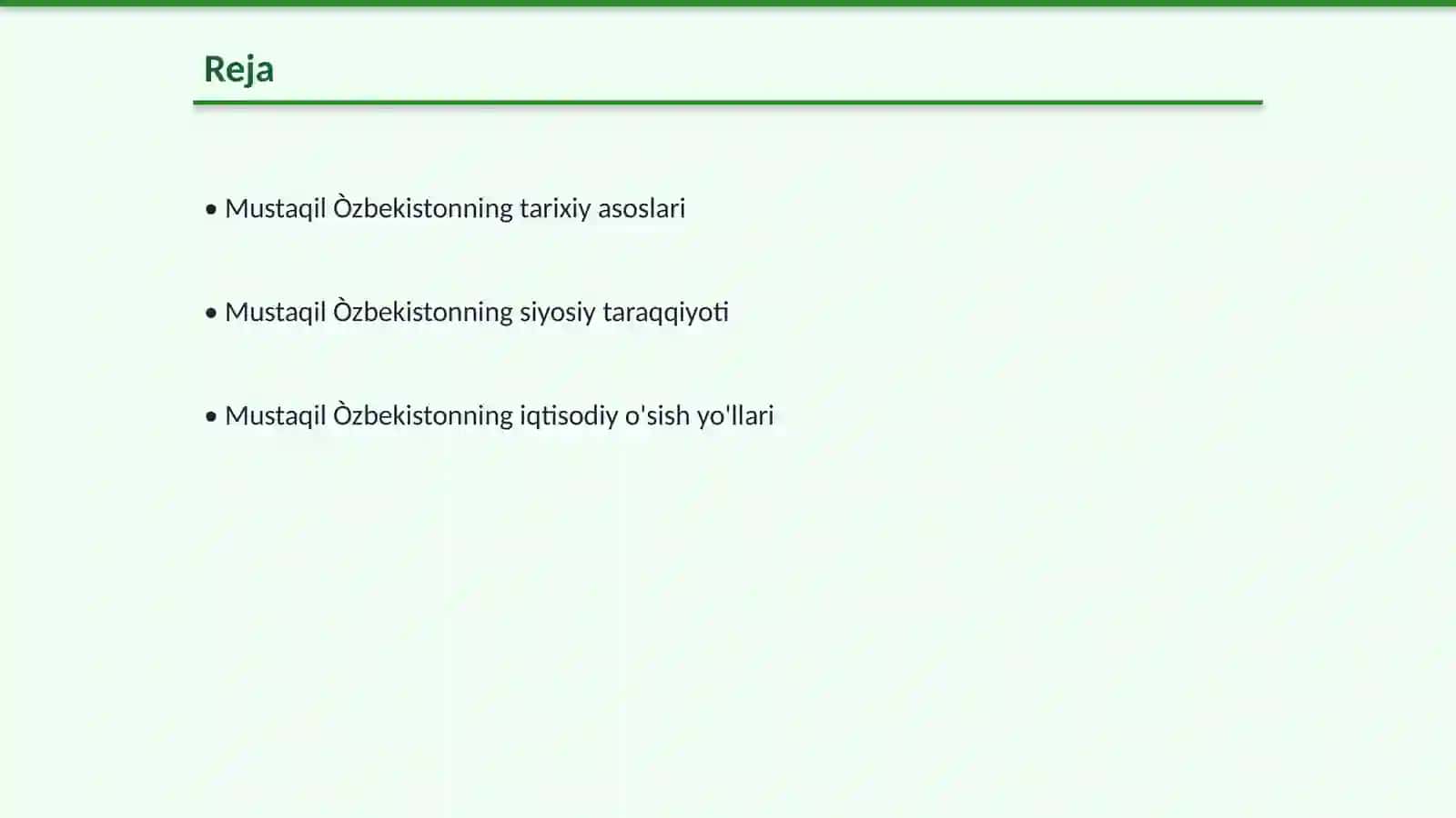 Mustaqil Òzbekiston Respublikasini tashkil topishining tarixiy ahamiyati.òzbekistoning òziga xos istiqboli va taraqiyot yòli 2