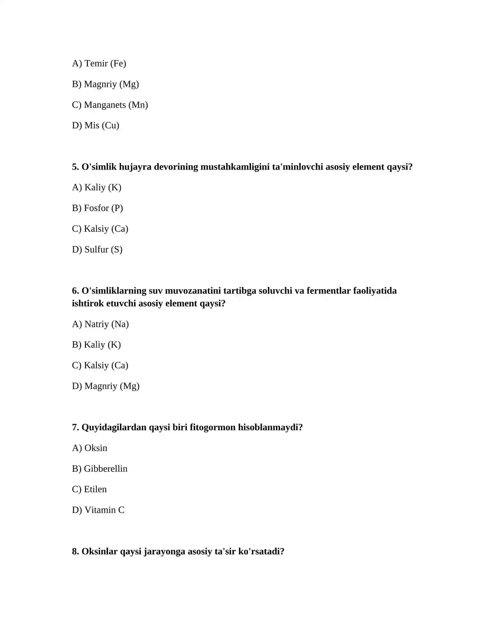 Mineral elementlarning o'simliklar tomonidan o'zlashtirilishi. Fitogormonlarning tuzilishi(tabiiy va sun'iy) 2
