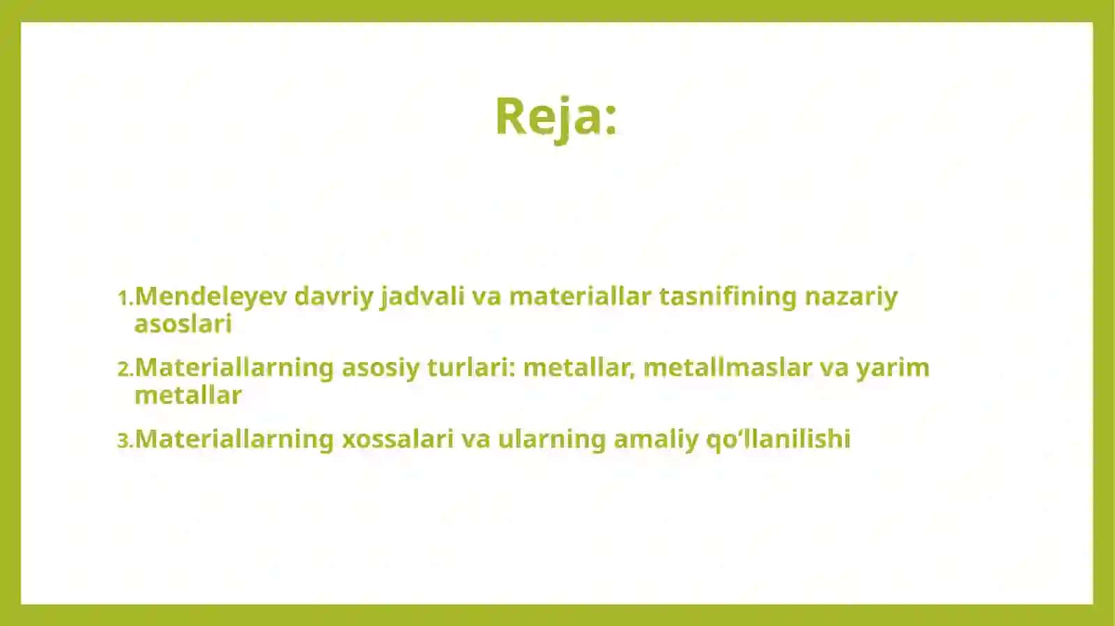 Materiallarning turlarini Mendeleyev davriy jadvalida ajratish 2