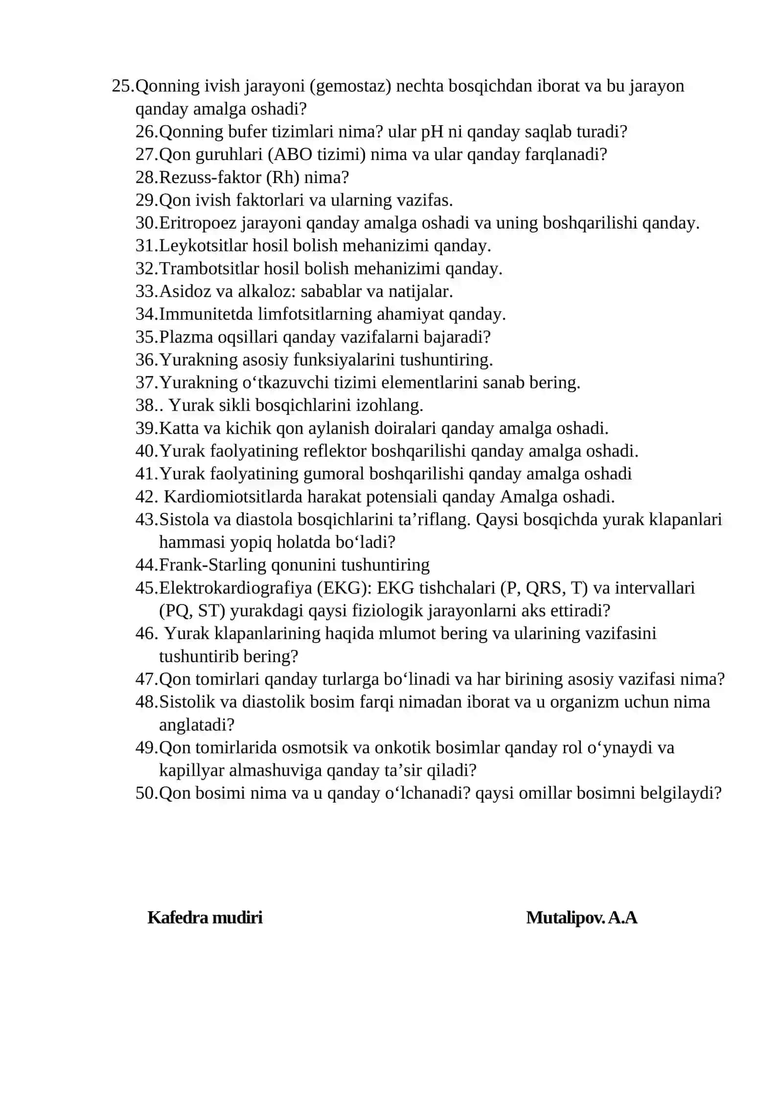 Normal va patologik fiziologiya kafedrasi 2-kurs Davolash ishi Yo‘nalishi uchun oraliq nazorat savollari 2