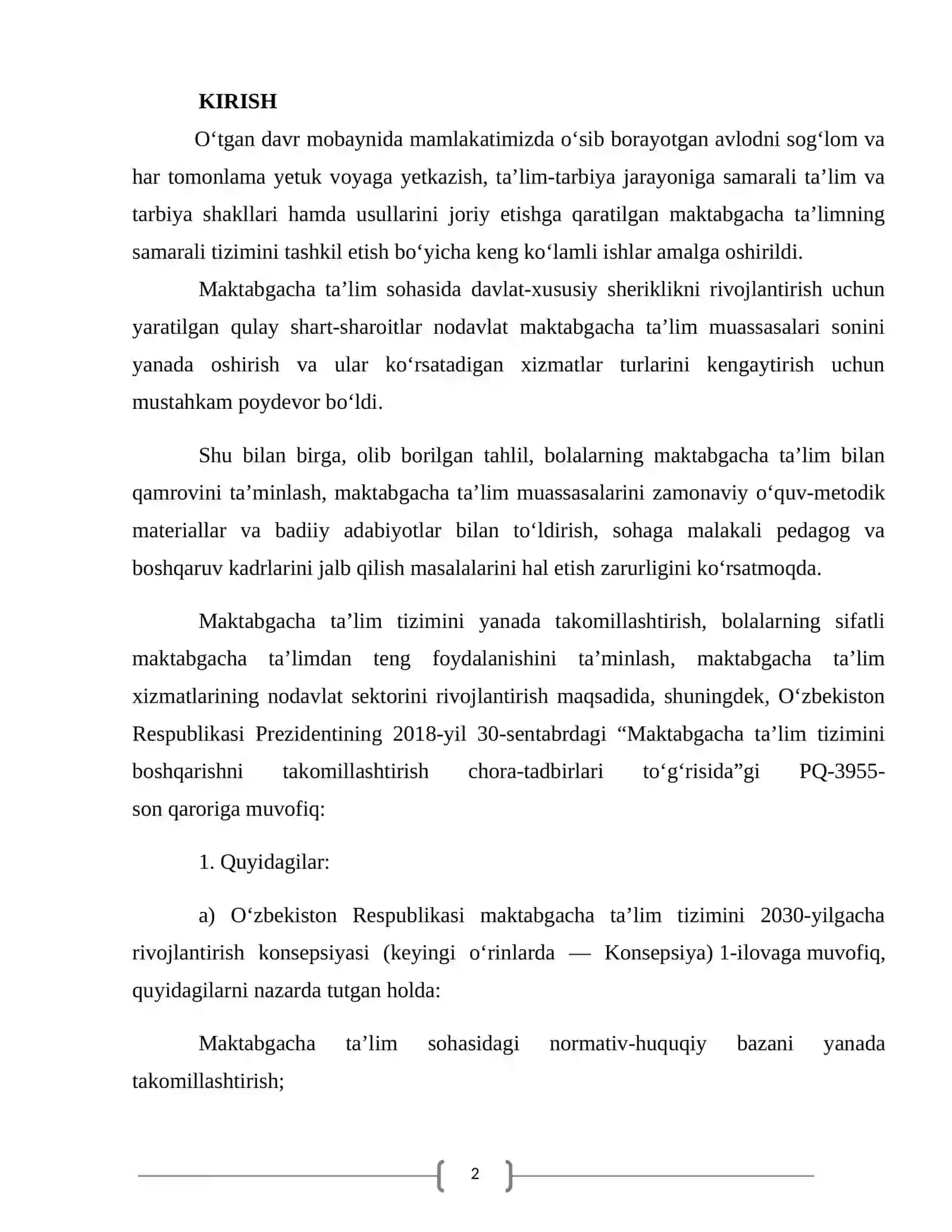 O’zbekiston Respublikasi maktabgacha ta’lim konsepsiyasining mazmuni 2