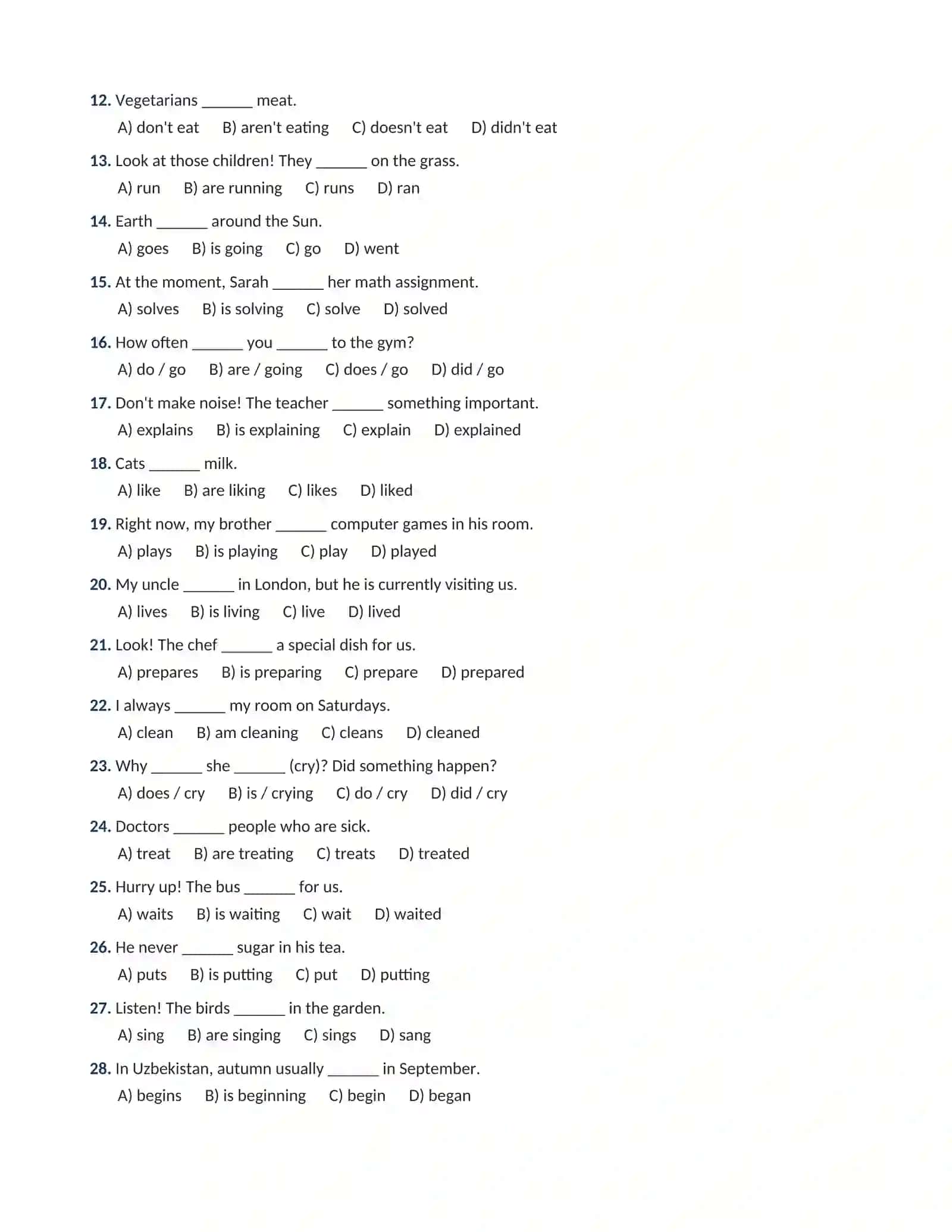 INGLIZ TILI GRAMMATIKASI: PRESENT SIMPLE VS PRESENT  CONTINUOUS 100 TALIK TEST JAVOBI BILAN 2