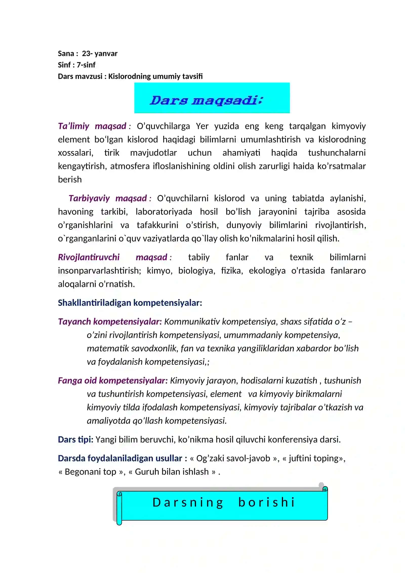 7-sinf Kimyo fanidan Kislotalar mavzusida bir soatlik ochiq dars ishlanmasi 2