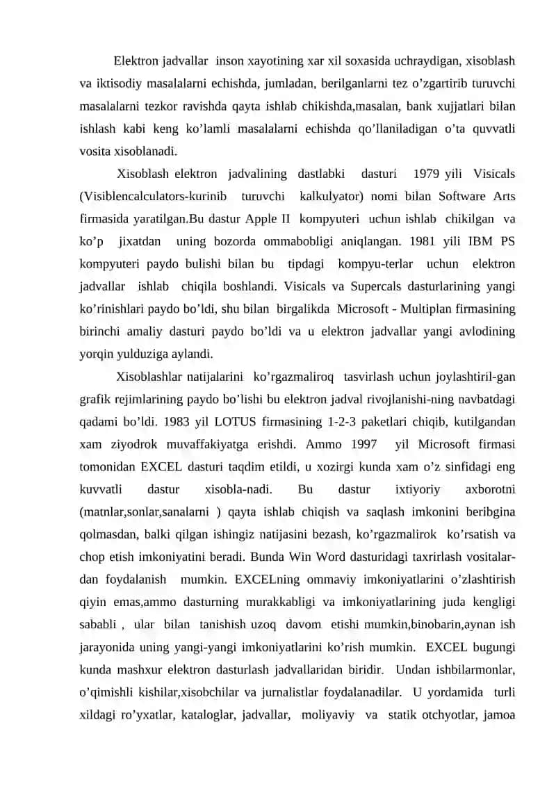 Elektron jadvalning imkoniyatlari va vazifalari 2