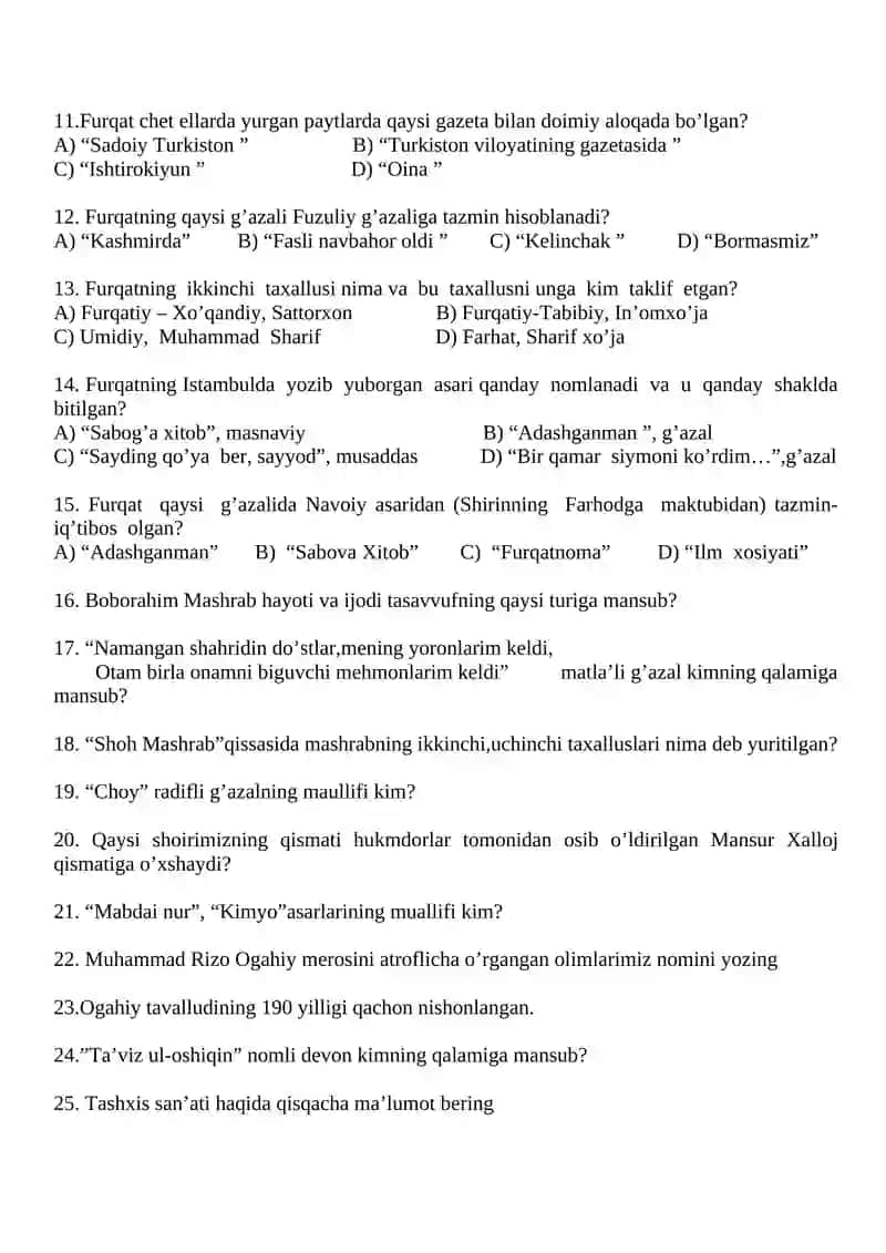 9-sinflar uchun adabiyot fanidan test savollari (II chorak) 2
