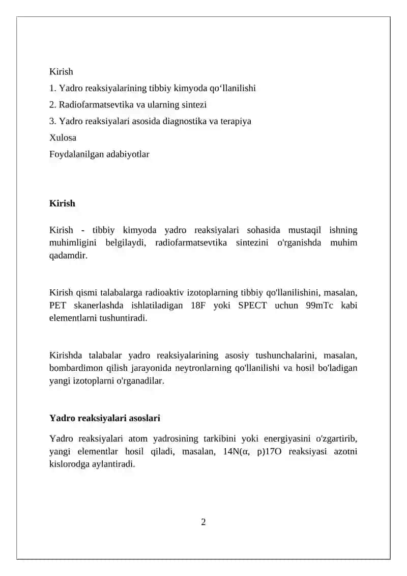 Tibbiy kimyo fanidan yadro reaksiyasi boʻyicha mustaqil ish 2