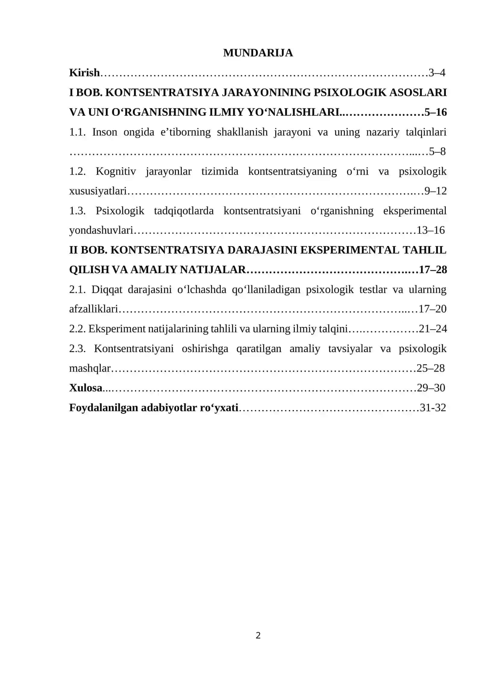 “ Diqqat kontsentratsiyasini eksperimental o'rganish. ” KURS ISHI 2