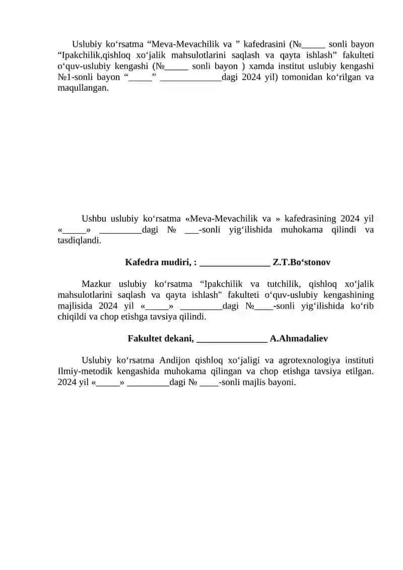 Uslubiy ko‘rsatma “Meva-Mevachilik va ” kafedrasini 2