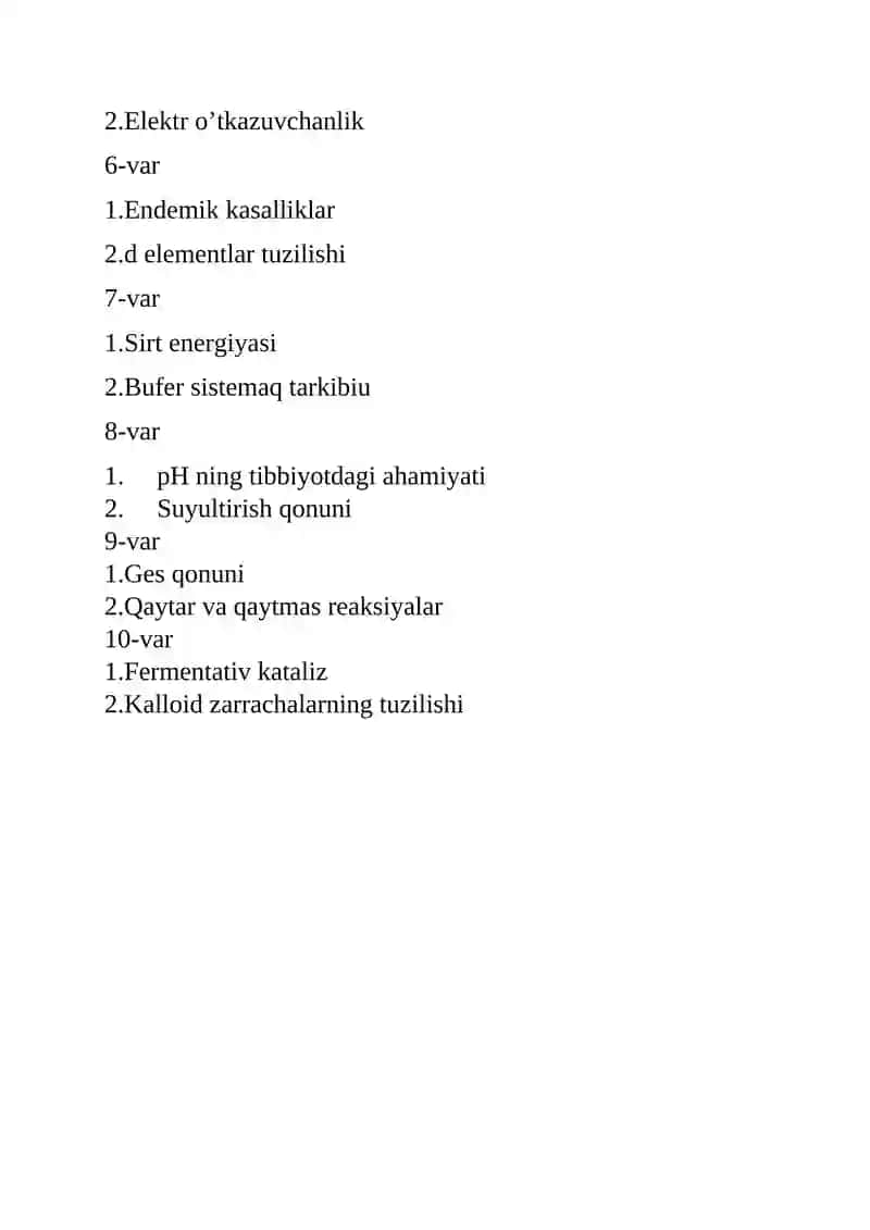 Kimyo fanini o'qituvchilari uchun test savollar to'plami 2