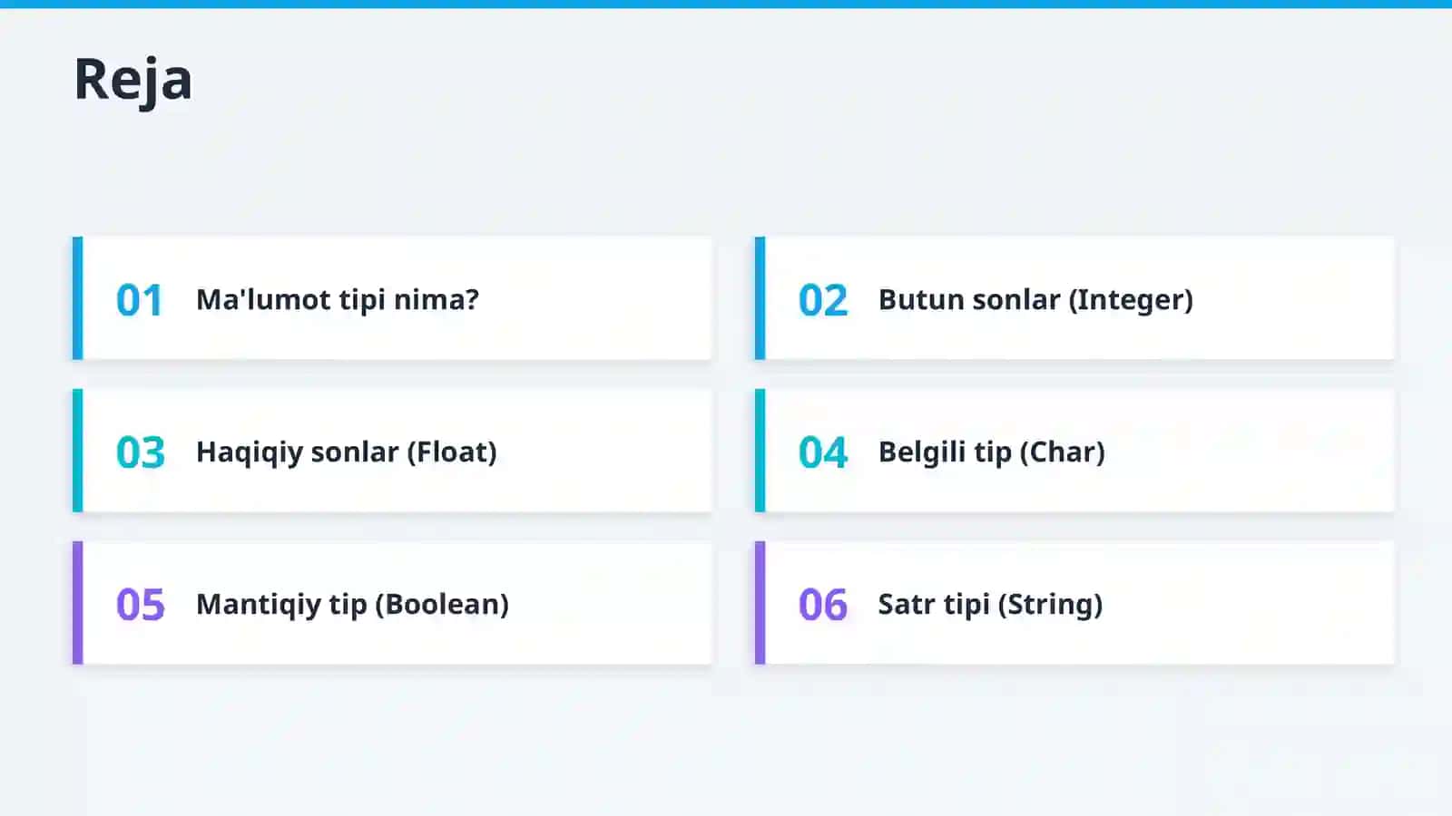 MA’LUMOTLAR TIPLARI, MALUMOTLARNI ODDIY STANDART TURLARI 2