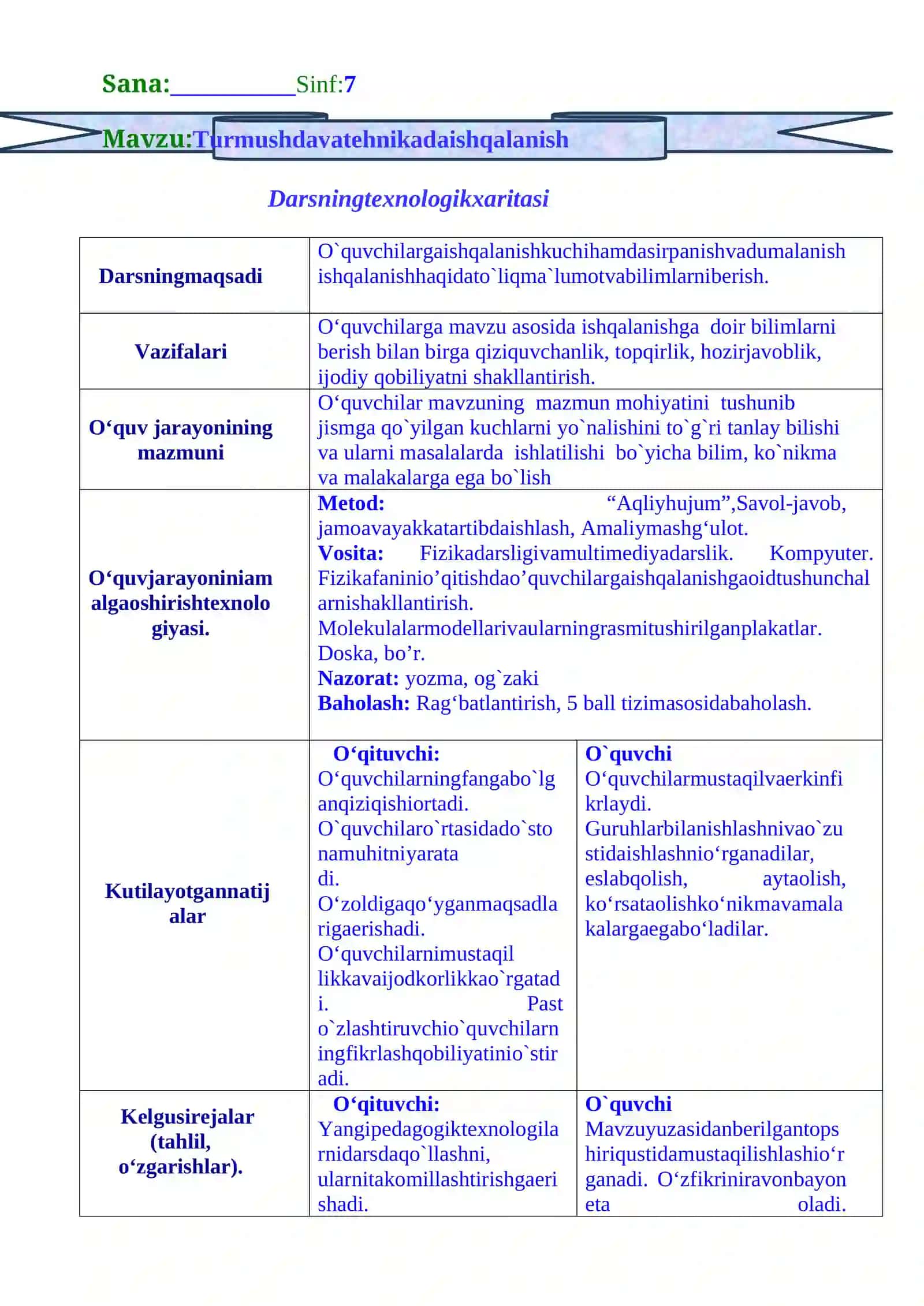 VII sinf"Turmushda va tehnikada ishqalanish" mavzusidagi bir soatlik OCHIQ DARS ISHLANMASI 2