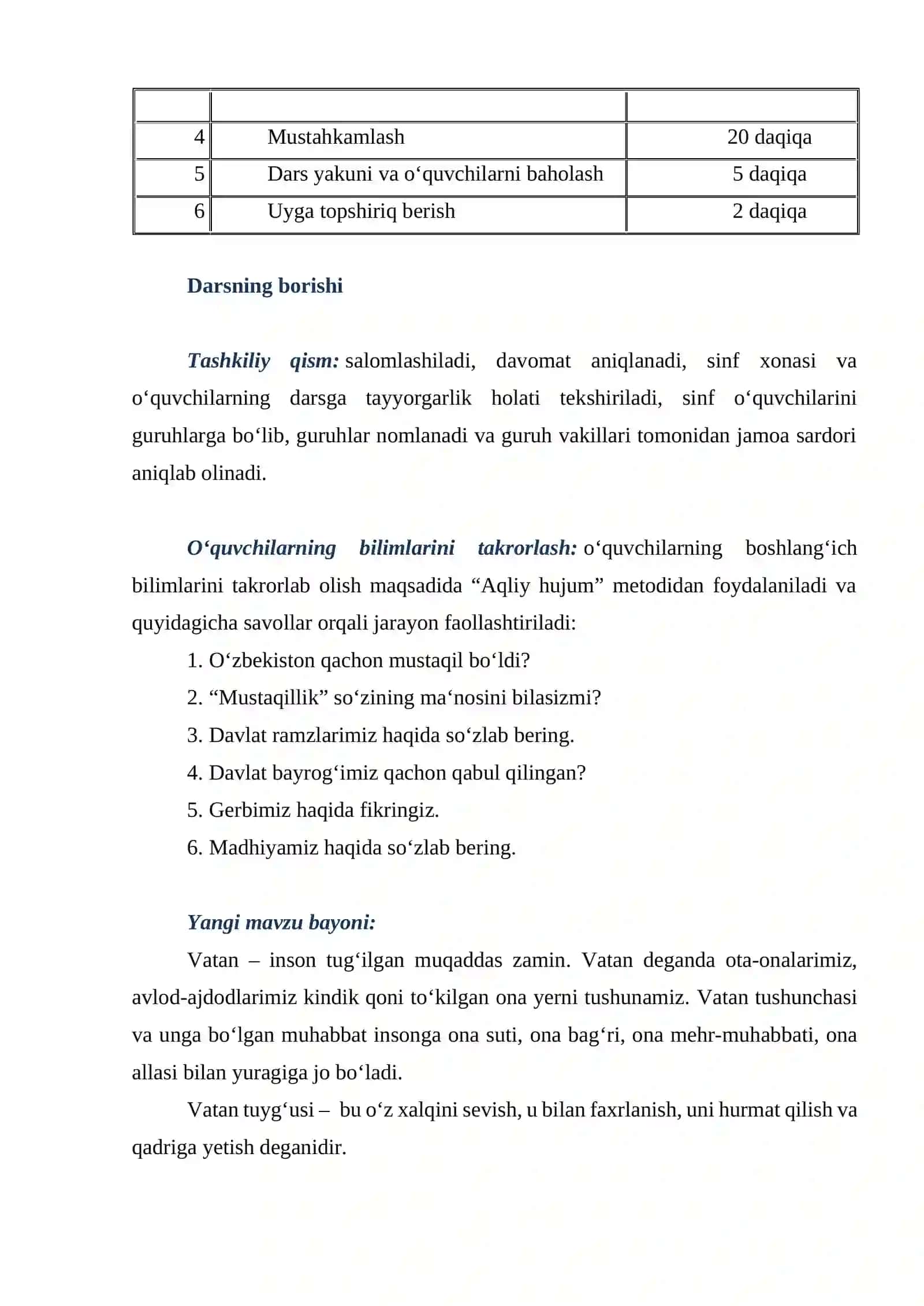 “VATAN UCHUN, MILLAT UCHUN, XALQ UCHUN!” mavzusidagi bir soatli dars ishlari 2