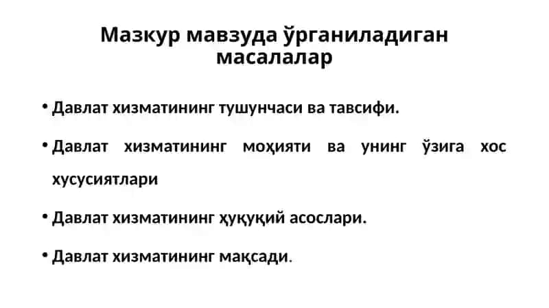 ДАВЛАТ ХИЗМАТИНИНГ УМУМИЙ ТАВСИФИ 2