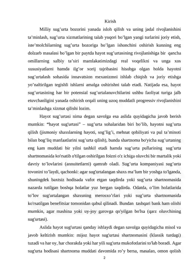 O’zbekiston respublikasi sug’urta kompaniyalarining investitsion siyosatini takomillashtirish yo’nalishlari 2