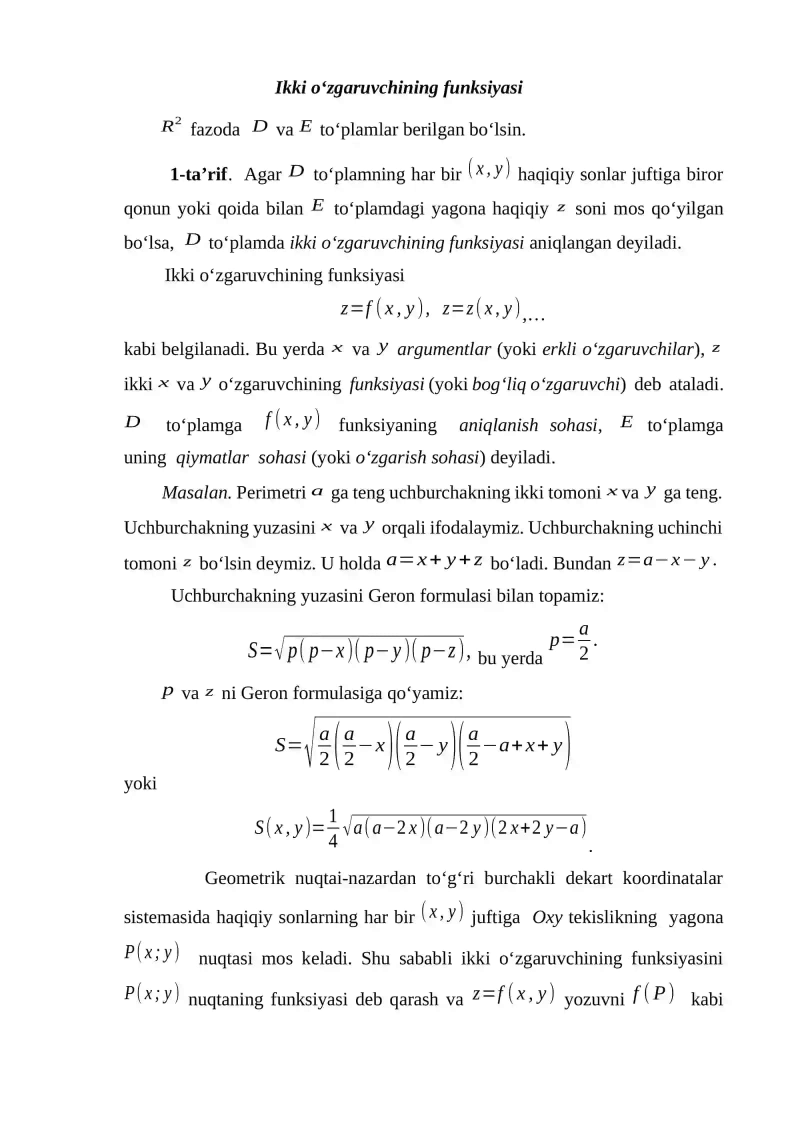 Ko‘p o‘zgaruvchili funksiyaning limiti, uzluksizligi  1.Funksiyaning xususiy hosilalari Funksiyaning diffrensiali.  2.Yuqori tartibli xususiy hosila va differensiallar.  3.Bir necha o‘zgaruvchi funksiyasining ekstremumlari.  4.Differensial tenglamalarga keltiruluvchi masalalar.  5.Birinchi tartibli differensial tenglamalar.  Koshi masalasi 2
