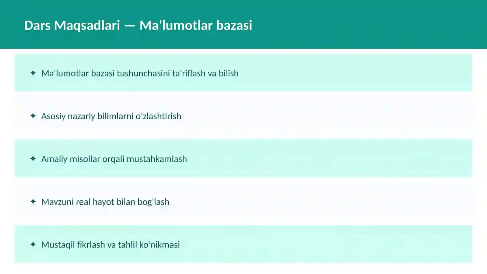 SQL O'qituvchilar va talabalar uchun dars ishlanma 2