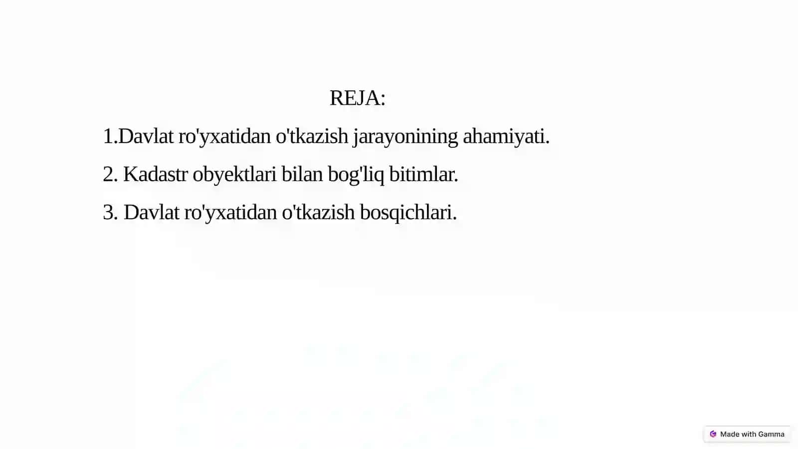 Kadastro obyektlariga vujudga kelgan huquqni va ular bilan bog'liq bitimlarni davlat ro'yxatidan o'tkazish 2