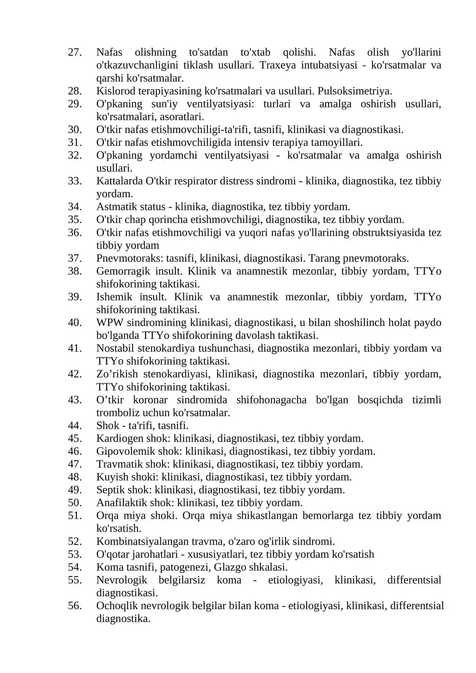 Shoshilinch tibbiy yordam mutaxassisligi bo'yicha shakllantirilgan og'zaki savollar ro'yxati 2