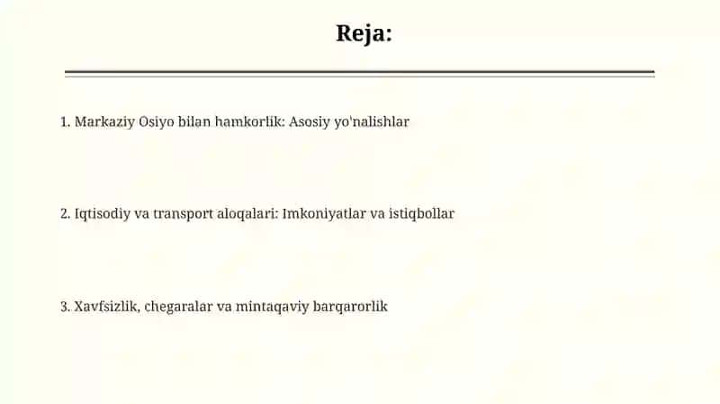 O'zbekistonning markaziy osiyo davlatlari bilan hamkorligi 2