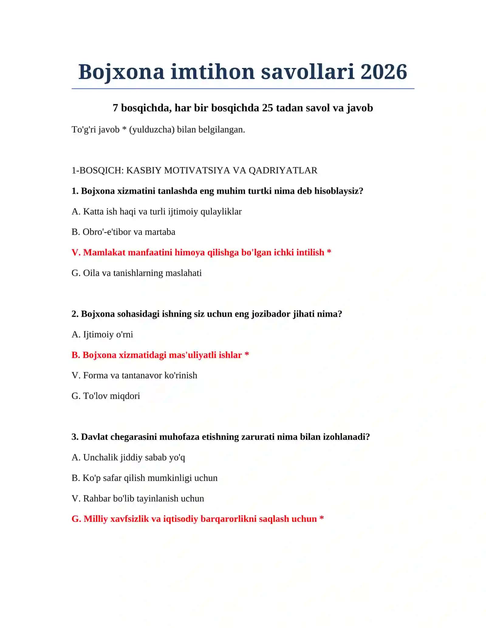 Bojxona imtihon savollari 2026 2