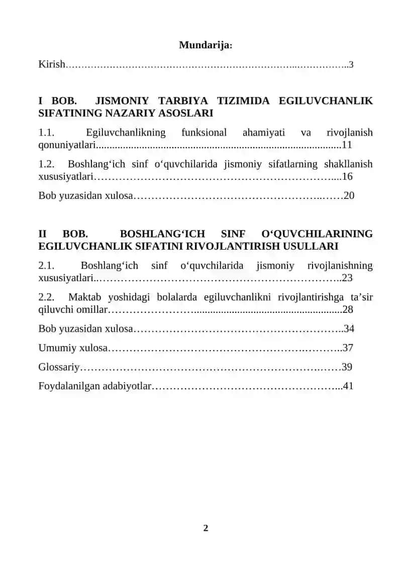 Boshlang'ich sinf o'quvchilarining egiluvchanlik jismoniy sifatini rivojlantirish usullari (KURS ISHI) 2
