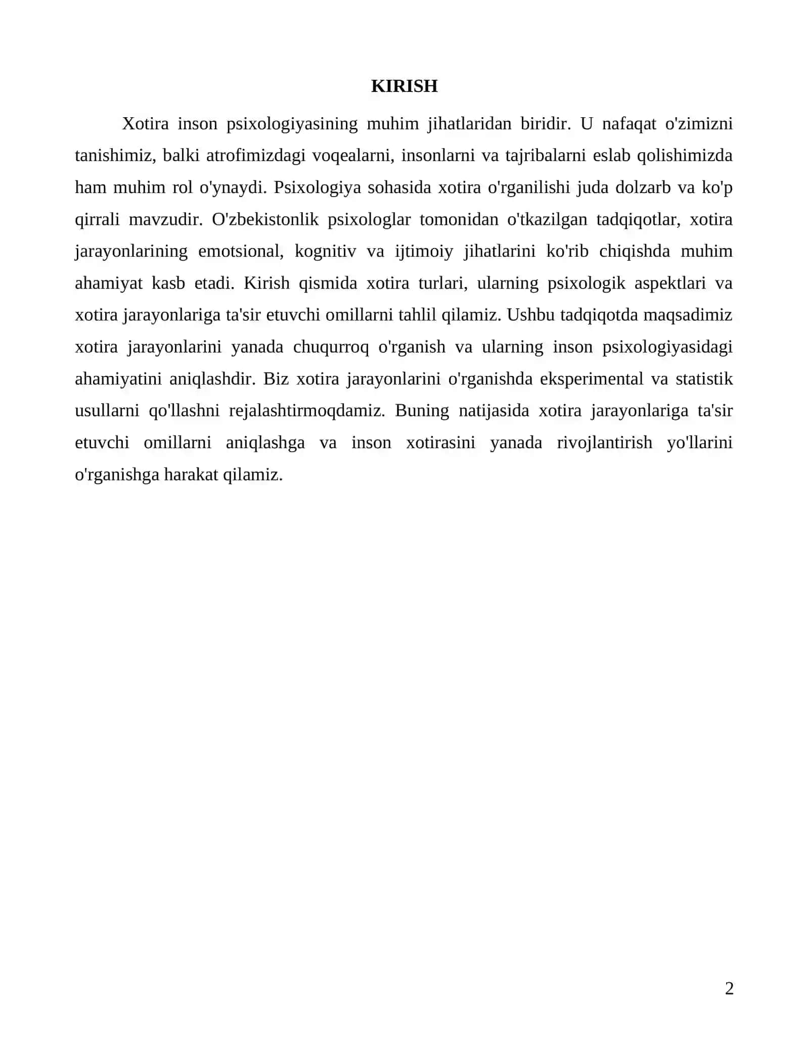 Xotira va uning psixologik aspektlari: tahlil va tajribalar 2