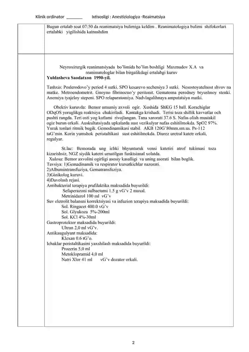 Klinik ordinator Ixtisosligi: Anestiziologiya - Reaimatsiya 2