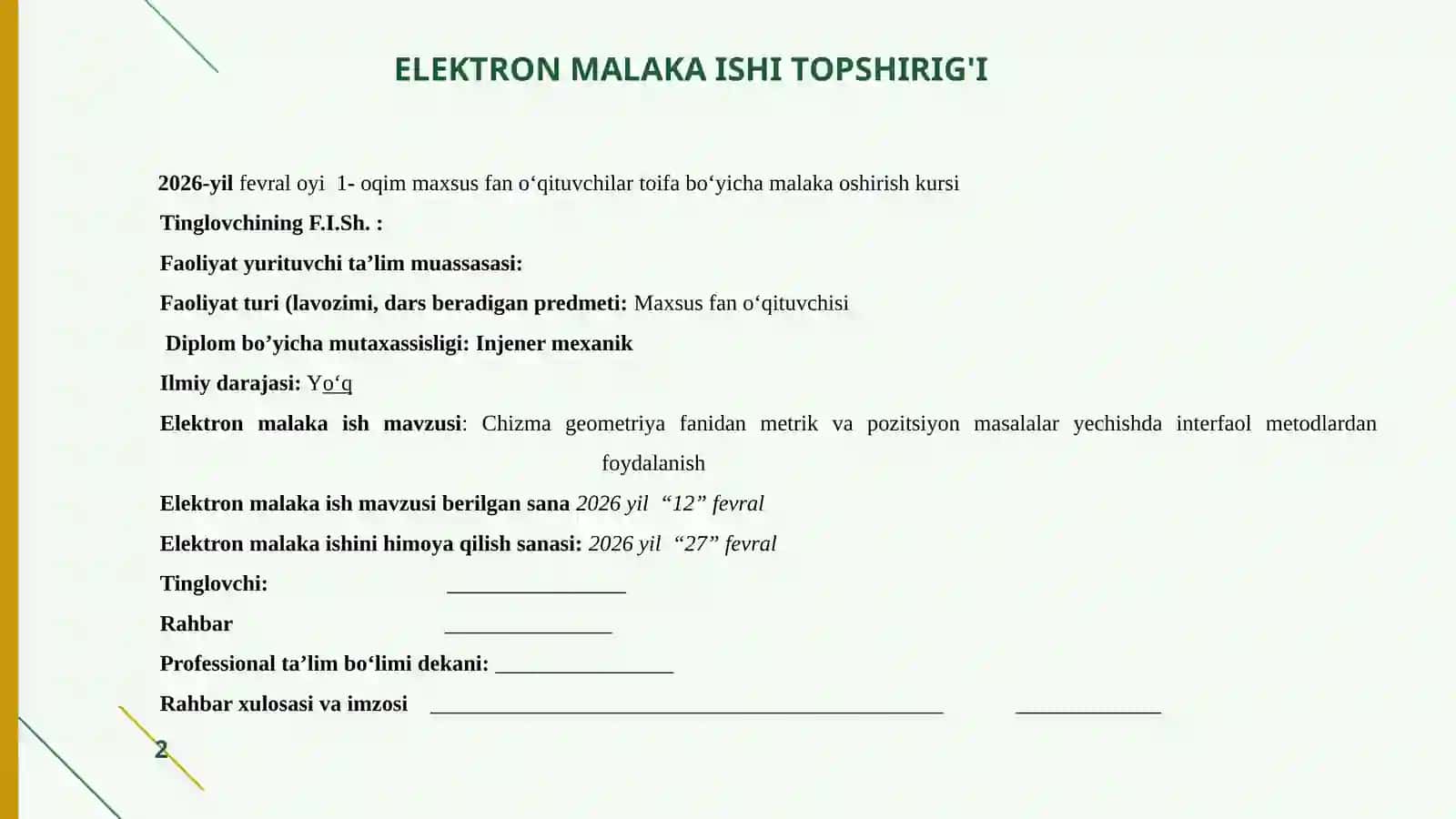 TEXNIKAVIY CHIZMACHILIK FANIDA BAHOLASH MEZONLARINI ISHLAB CHIQISH 2