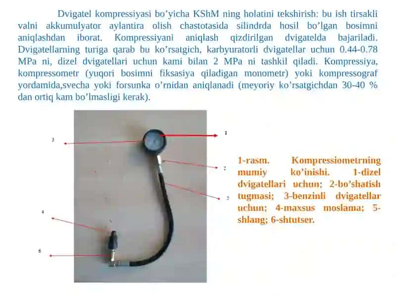 Avtomobil dvigateliga texnik xizmat ko'rsatish va ta'mirlash ishlari texnologiyasi. Dvigatel silindrlaridagi kompressiyani aniqlash 2