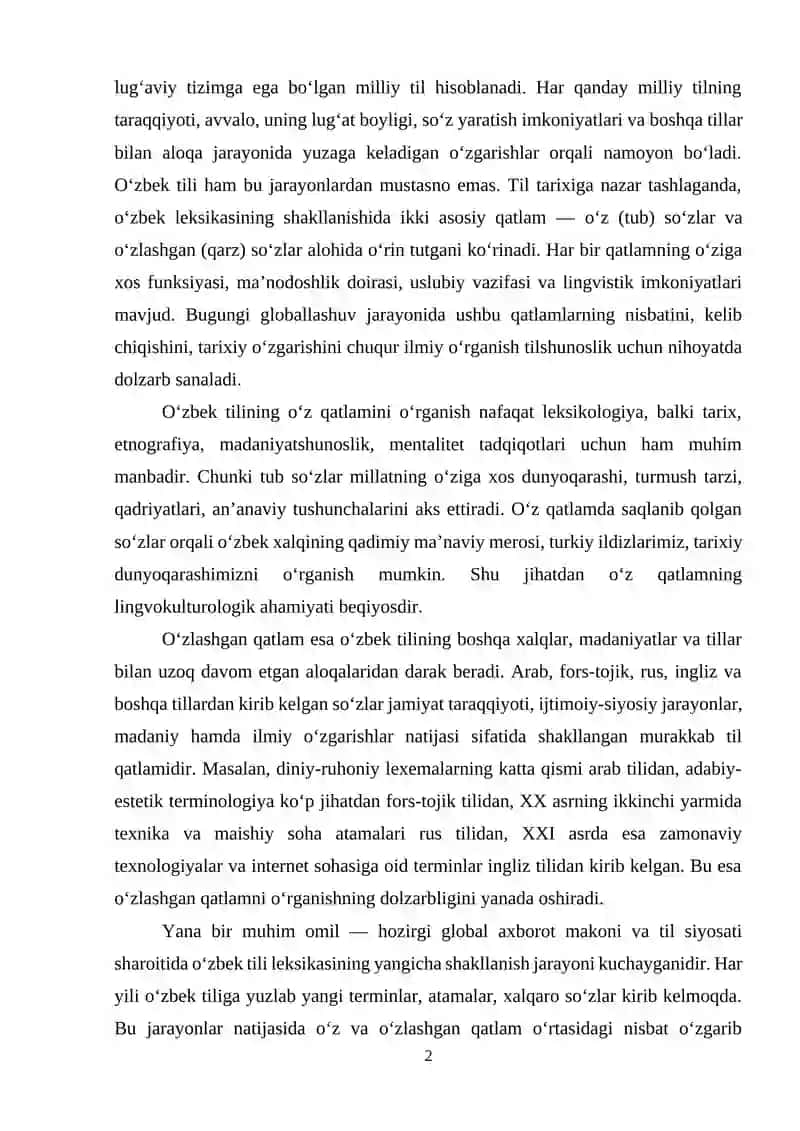 O‘zbek tili leksikasida o‘z va o‘zlashgan qatlam. 2