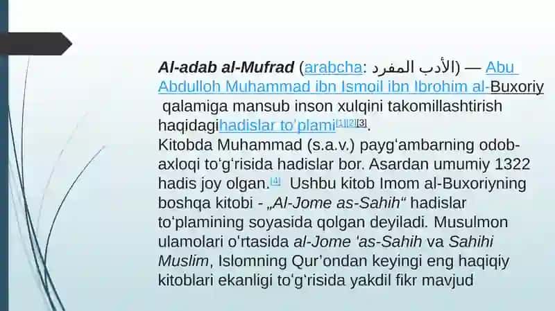 Imom Buxoriyning “Al-Adab al-mufrad” asarining konspekt qilish 2