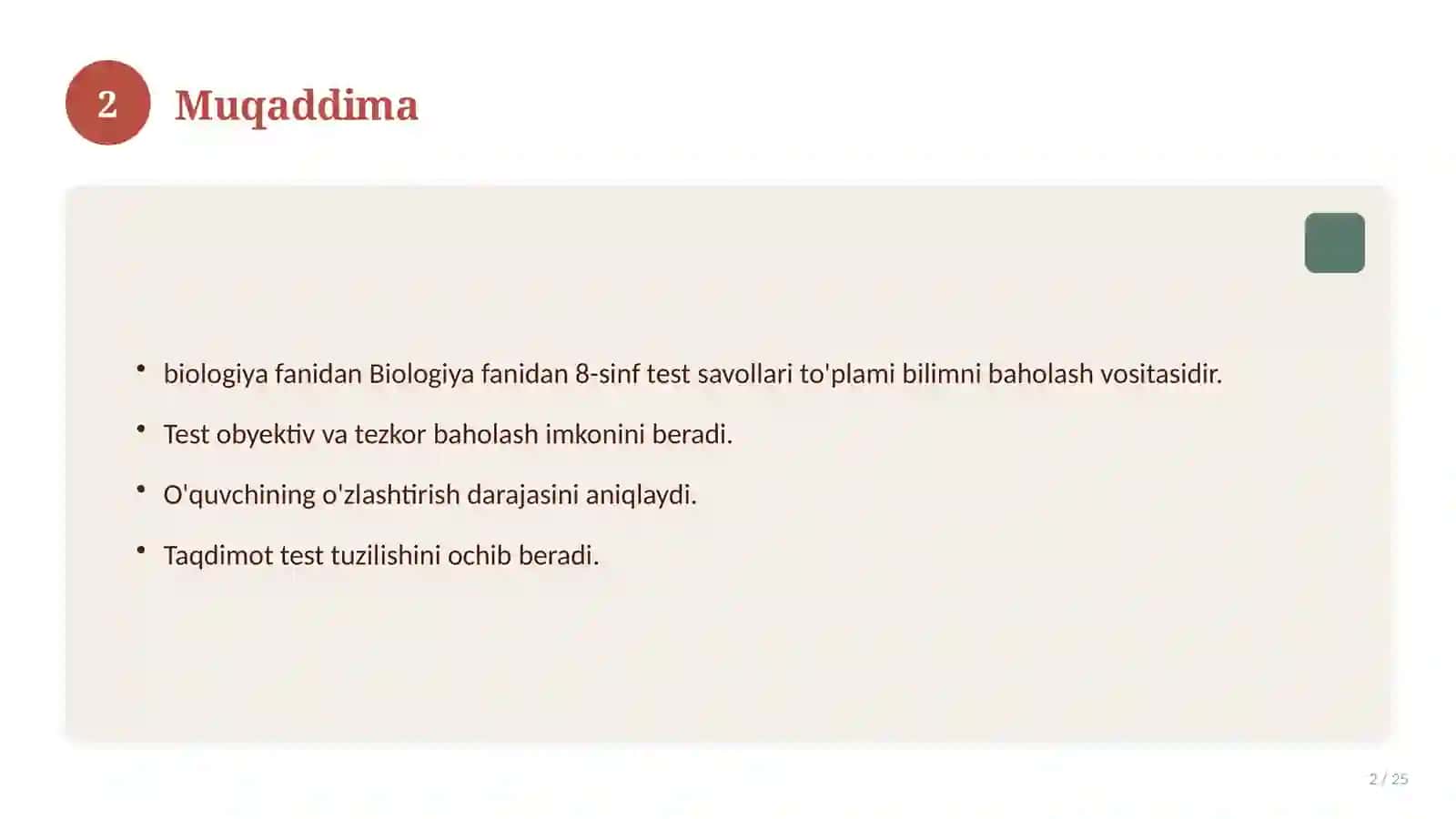 Biologiya fanidan 8-sinf test savollari to'plami 2