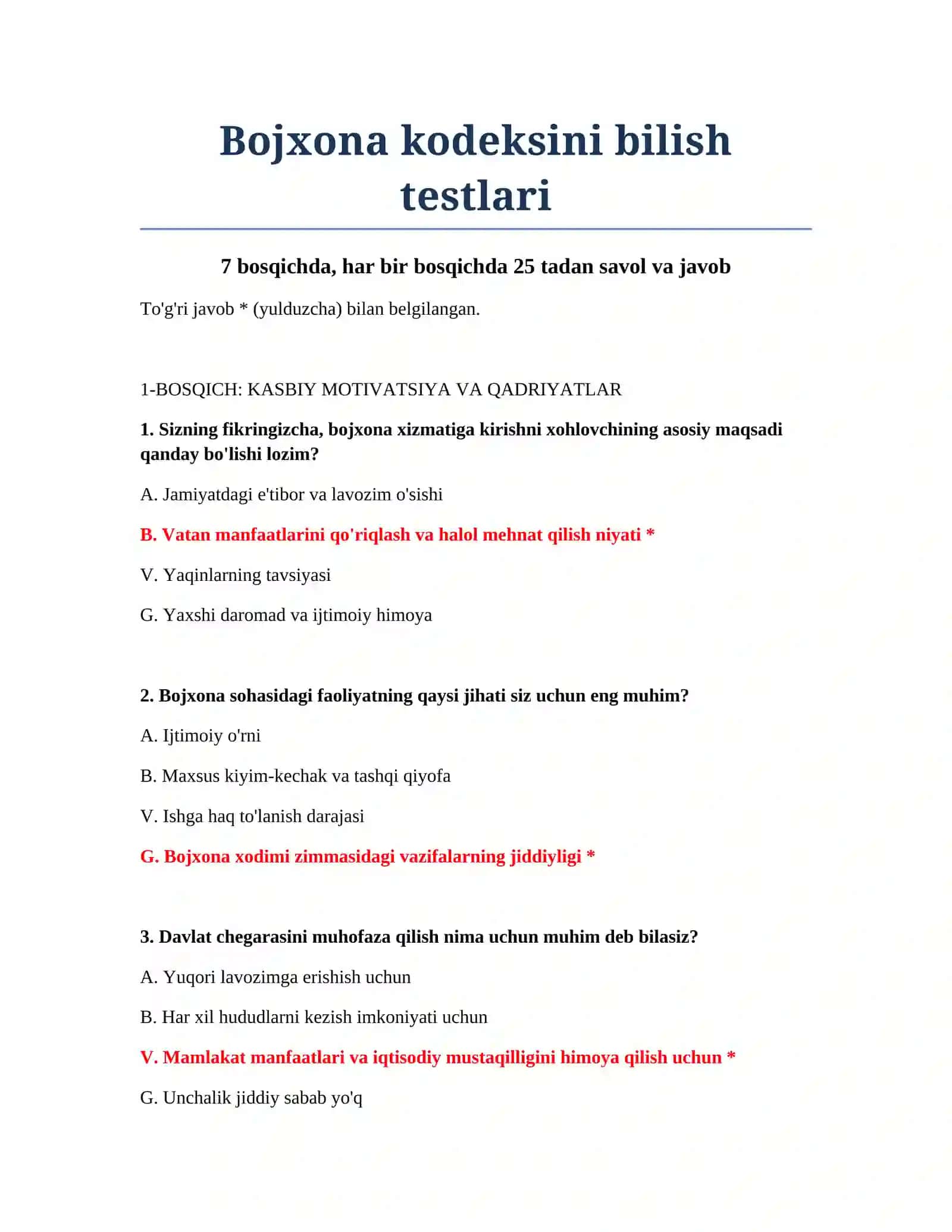 Bojxona kodeksini bilish testlari 2