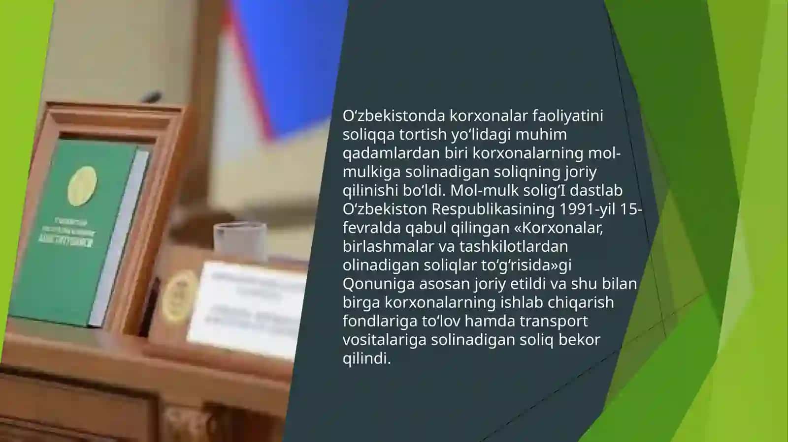 O‘zbekiston Respublikasisoliqtizimigamol-mulksolig‘iningjoriyetilishivauningiqtisodiymohiyati 2