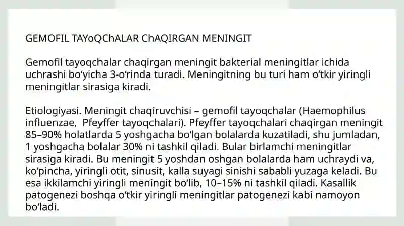 Bronxit kasalligining qo‘zg‘atuvchilari, patogenez va laboratoriya tashxisi.Gemofil bakteriyalarni(inflyuensa tayoqchasi,yumshoq shankr qo‘zg‘atuvchisi)amaliyotdagi ahamiyati,tashxisi. 2