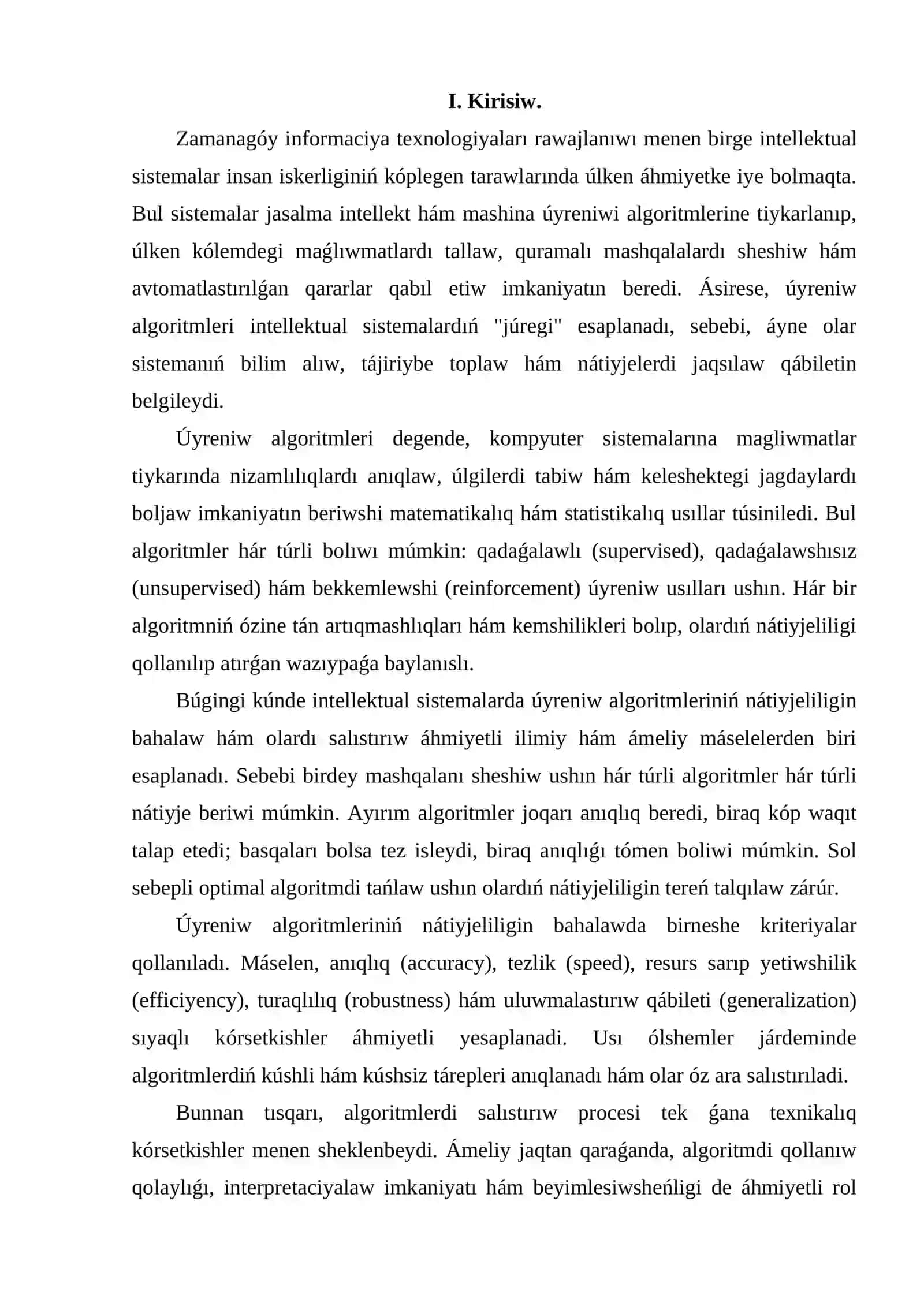 Intellektual sistemalarda úyreniw algoritmleri 2