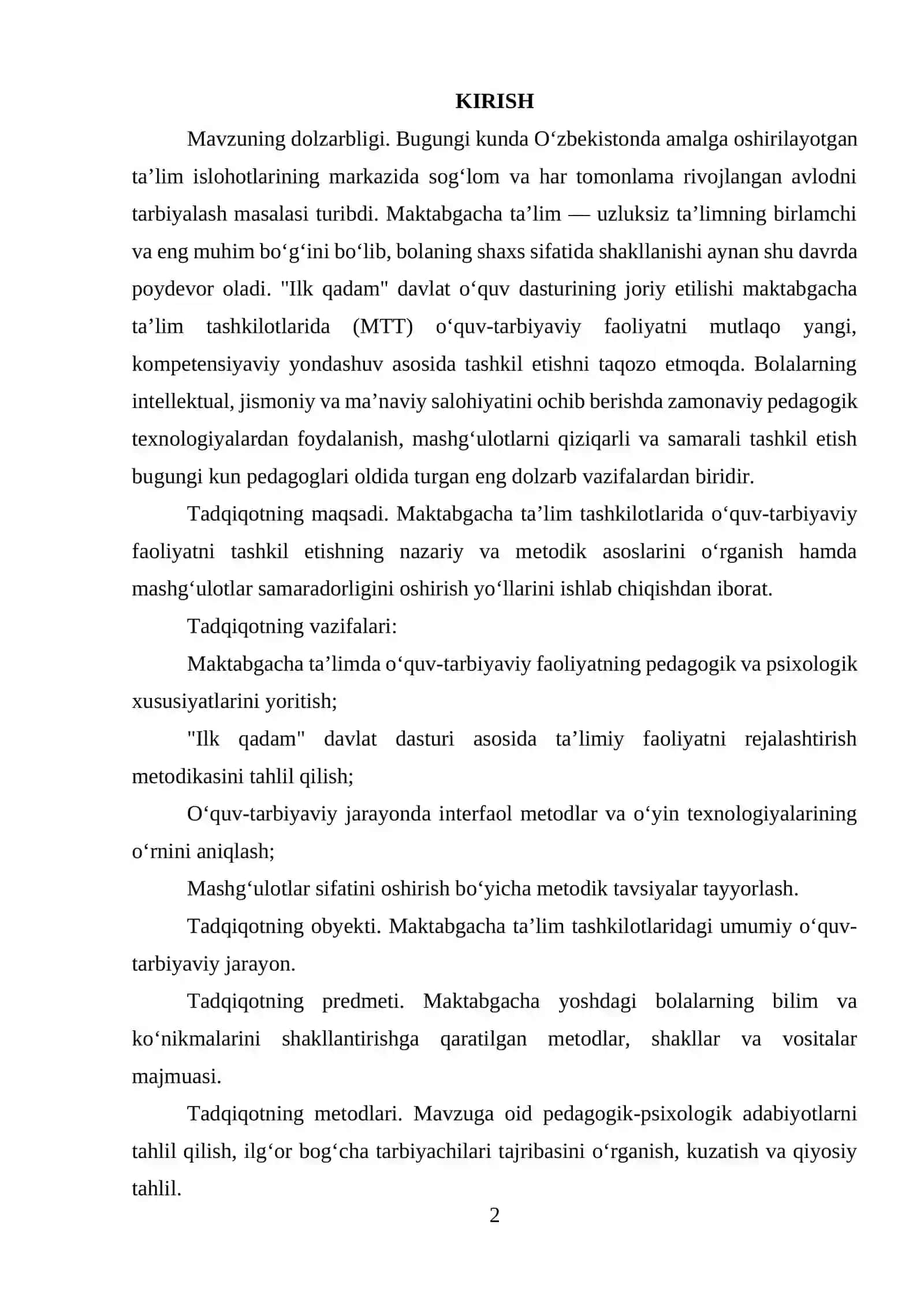 MAKTABGACHA TA'LIMDA O'QUV-TARBIYAVIY FAOLIYAT 2