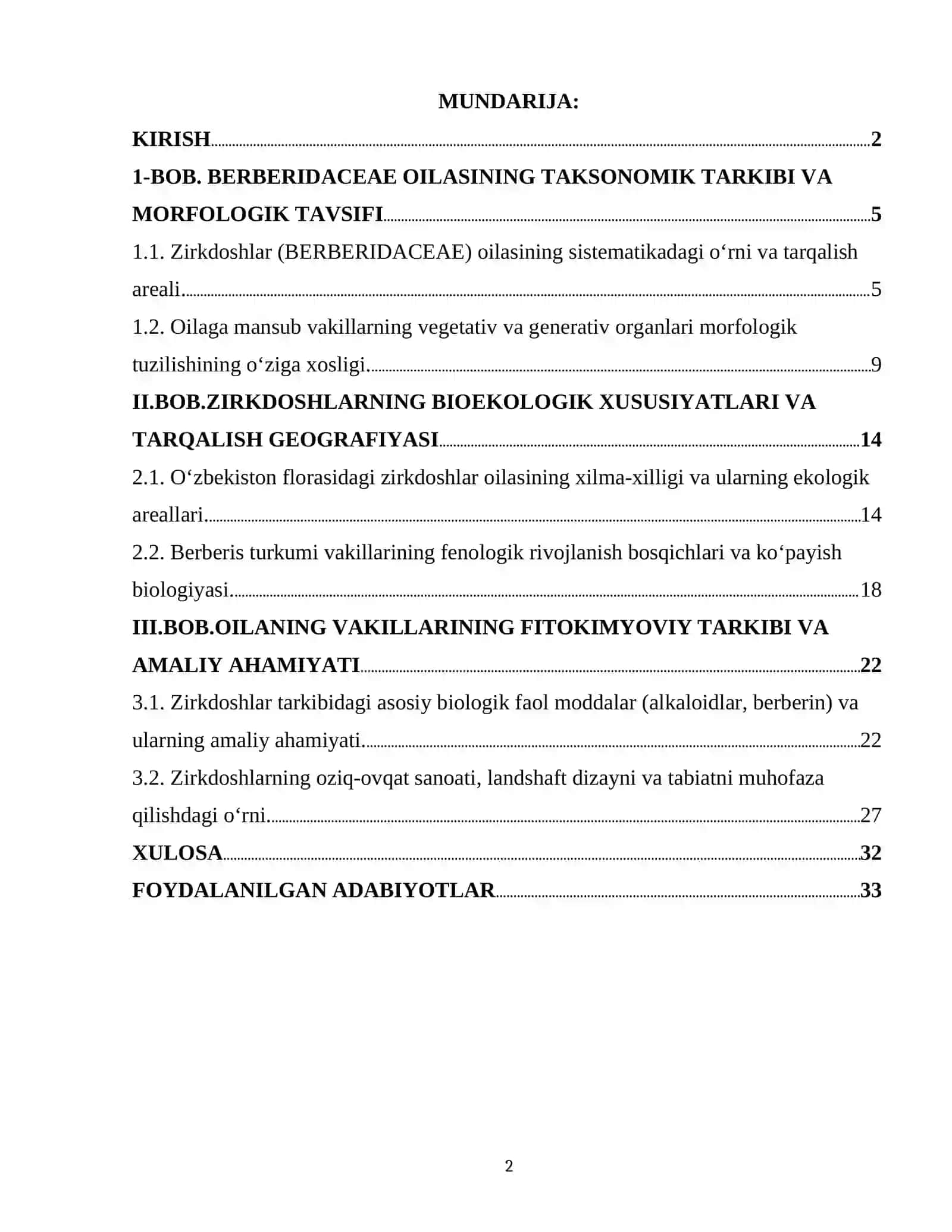 ZIRKDOSHLAR (BERBERIDACEAE) OILASINING BIOEKOLOGIK XUSUSIYATLARI, FITOKIMYOVIY TARKIBI VA XALQ XO‘JALIGIDAGI AHAMIYATI 2