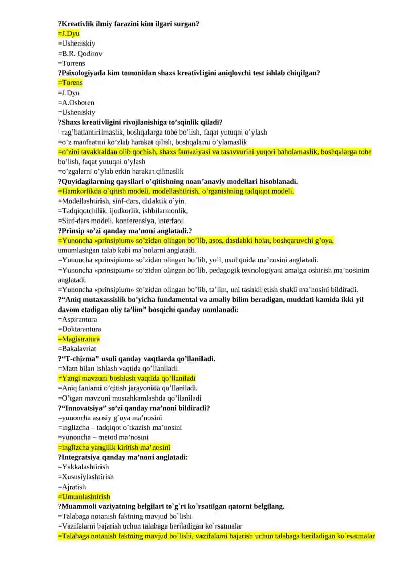 Psixologiya fanidan testlar to'plami 2