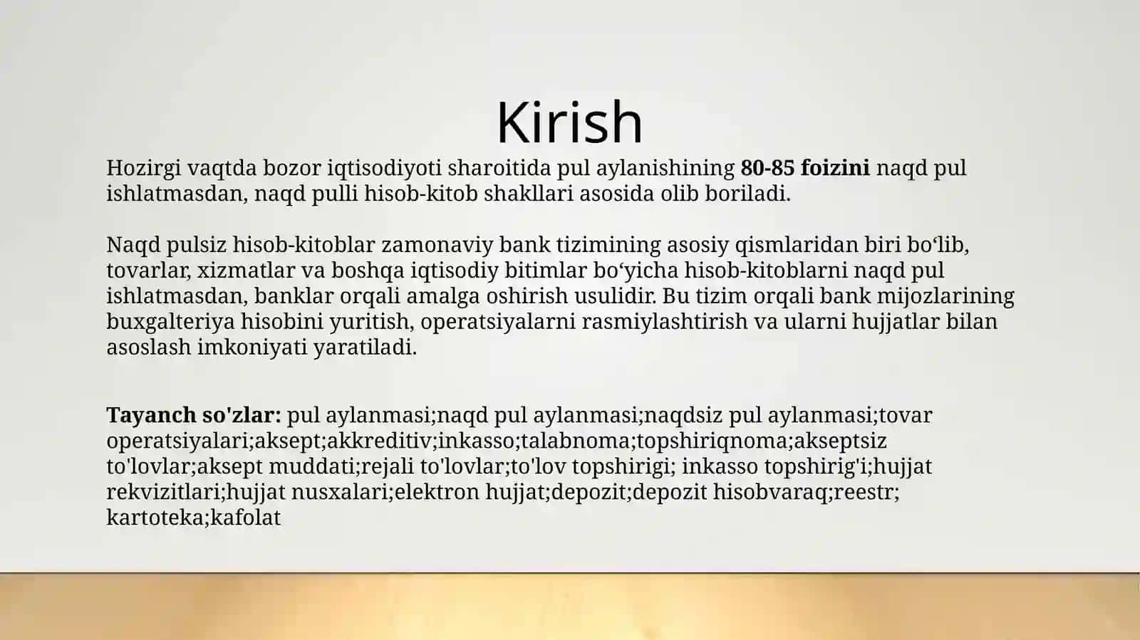 Naqd pulsiz hisob - kitob operatsiyalari hisobi,bankalarning to'ldilishi va o'kazmalarning o'kazish tartibi 2