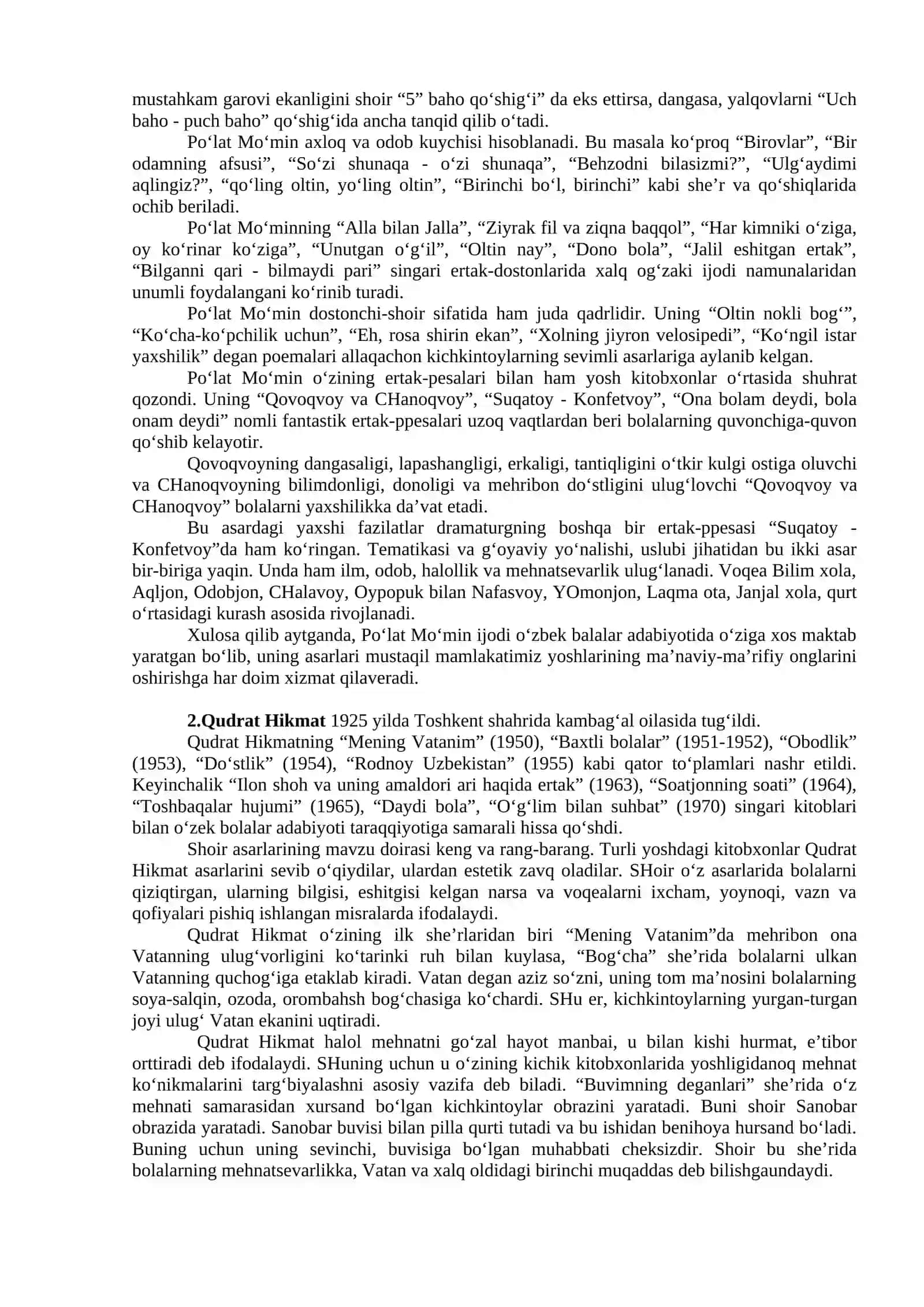 PO‘LAT MO‘MIN VA QUDRAT HIKMAT, XUDOYBERDI TO‘XTABOEV, FARHOD MUSAJONOV, M.A’ZAM, T.ADASHBOYEV HAYOTI VA IJODI 2