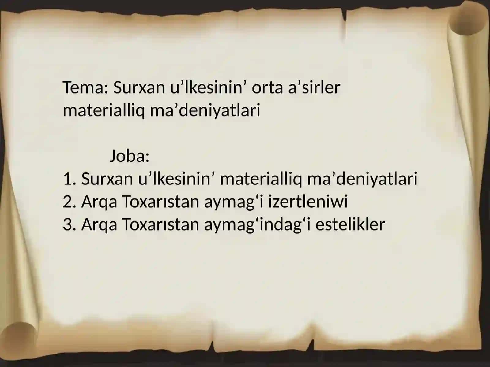 Orta Aziya arxeologiyasi paninen oʻzbetinshe slayd jumisi 2