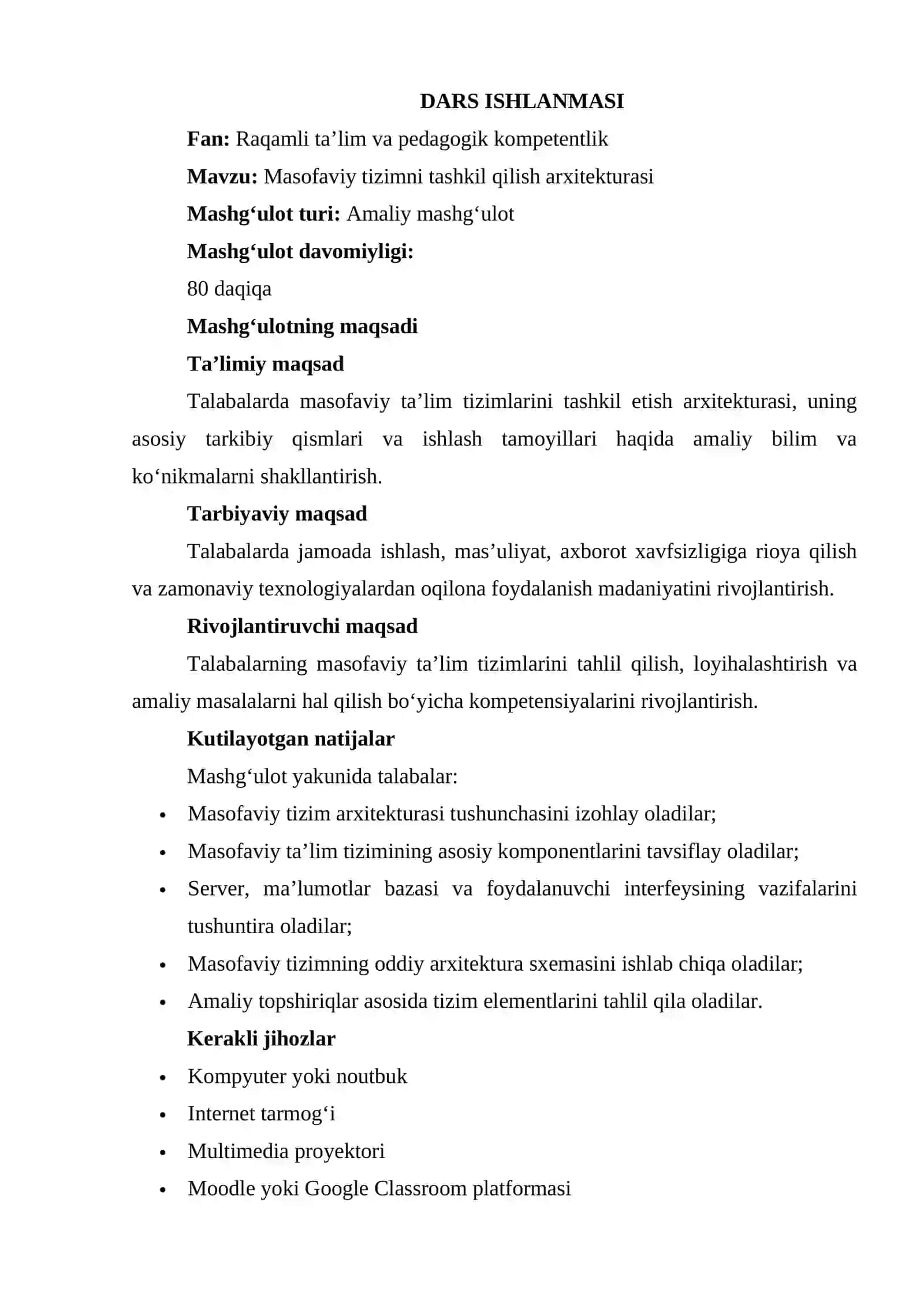 Masofaviy tizimni tashkil qilish arxitekturasi mavzusida dars ishlanmasi 2