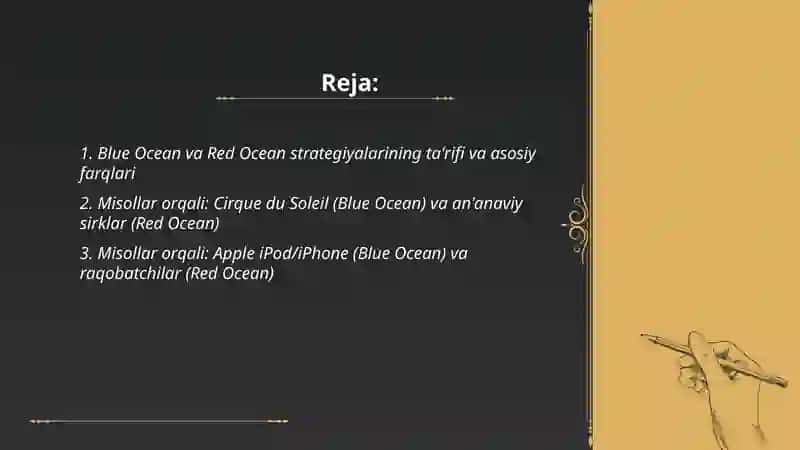 Blue Ocean vs Red Ocean strategiyasi misollar orqali farqlarning tahlili Komila 2