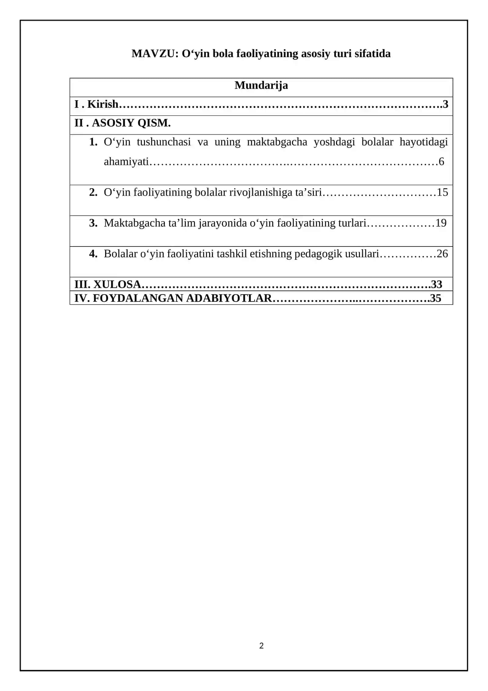 O‘yin bola faoliyatining asosiy turi sifatida 2