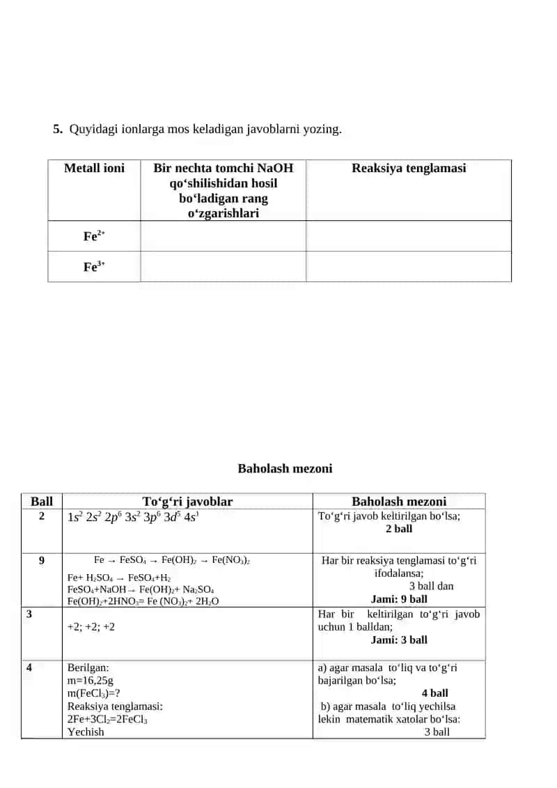 Umumta’lim maktabining 2024-2025-o‘quv yilining kimyo fanini o‘zlashtirish darajasini aniqlash uchun topshiriqlar 2