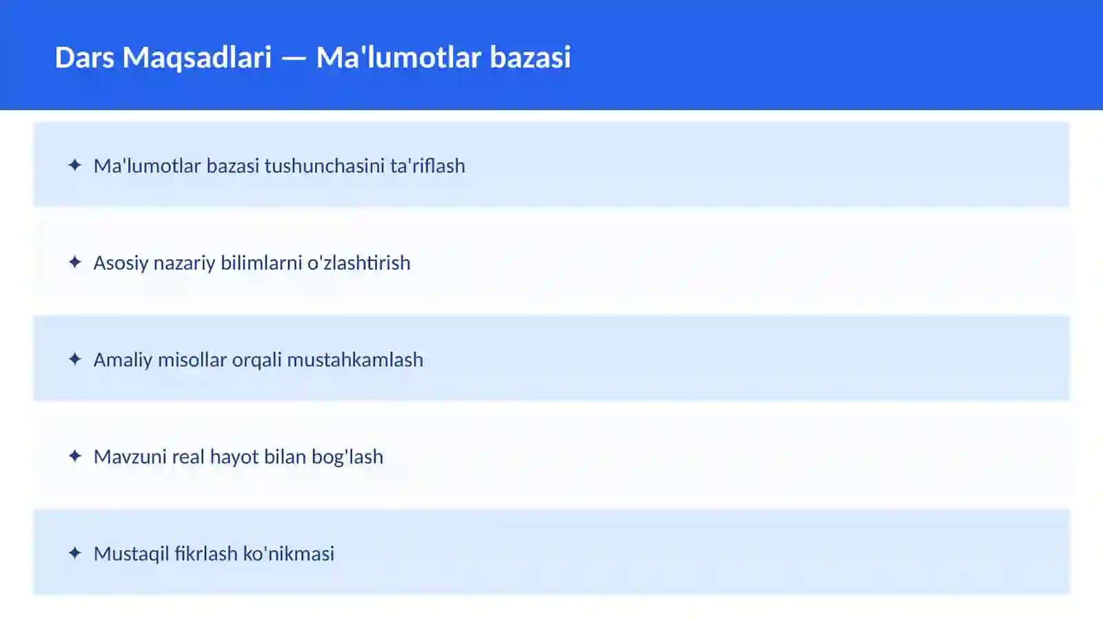 SQL O'qituvchilar va talabalar uchun dars ishlanma 2