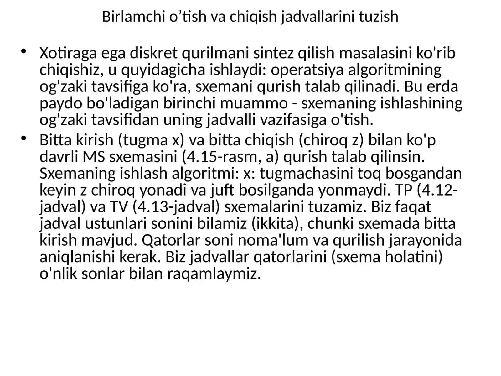 Xotira elementlari. Asinxron va Sinxron Triggerlar (Birlamchi o'tish va chiqish jadvallarini qurish va minimallashtirish 2