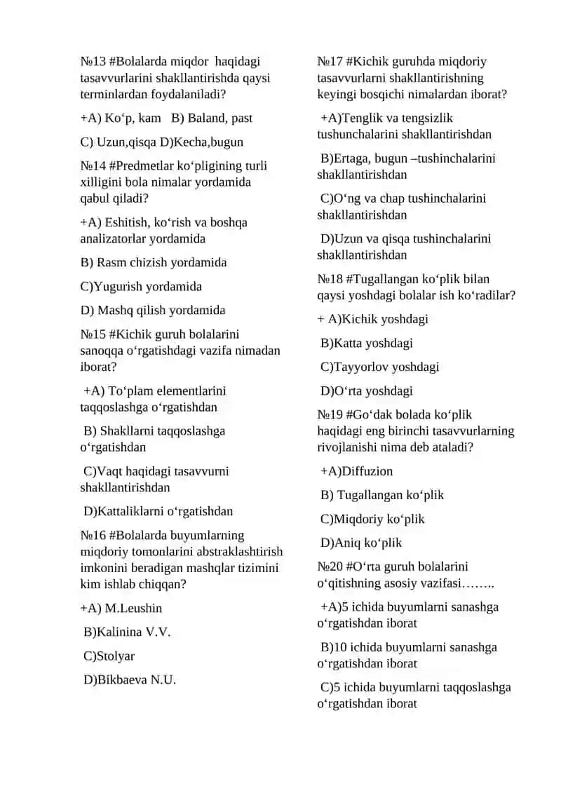 Matematik tasavvurlarni shakllantirish metodikasi fanidan 500 ta test 2