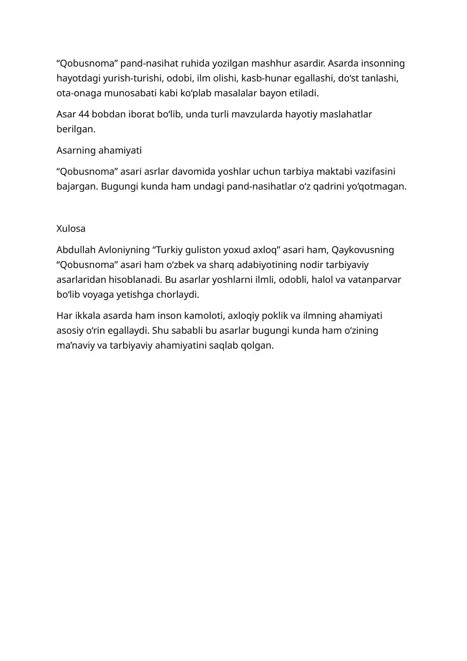 Abdullah Avloniy “Turkiy guliston yoxud axloq” va Qaykovus “Qobusnoma” asarlarining tahlili 2